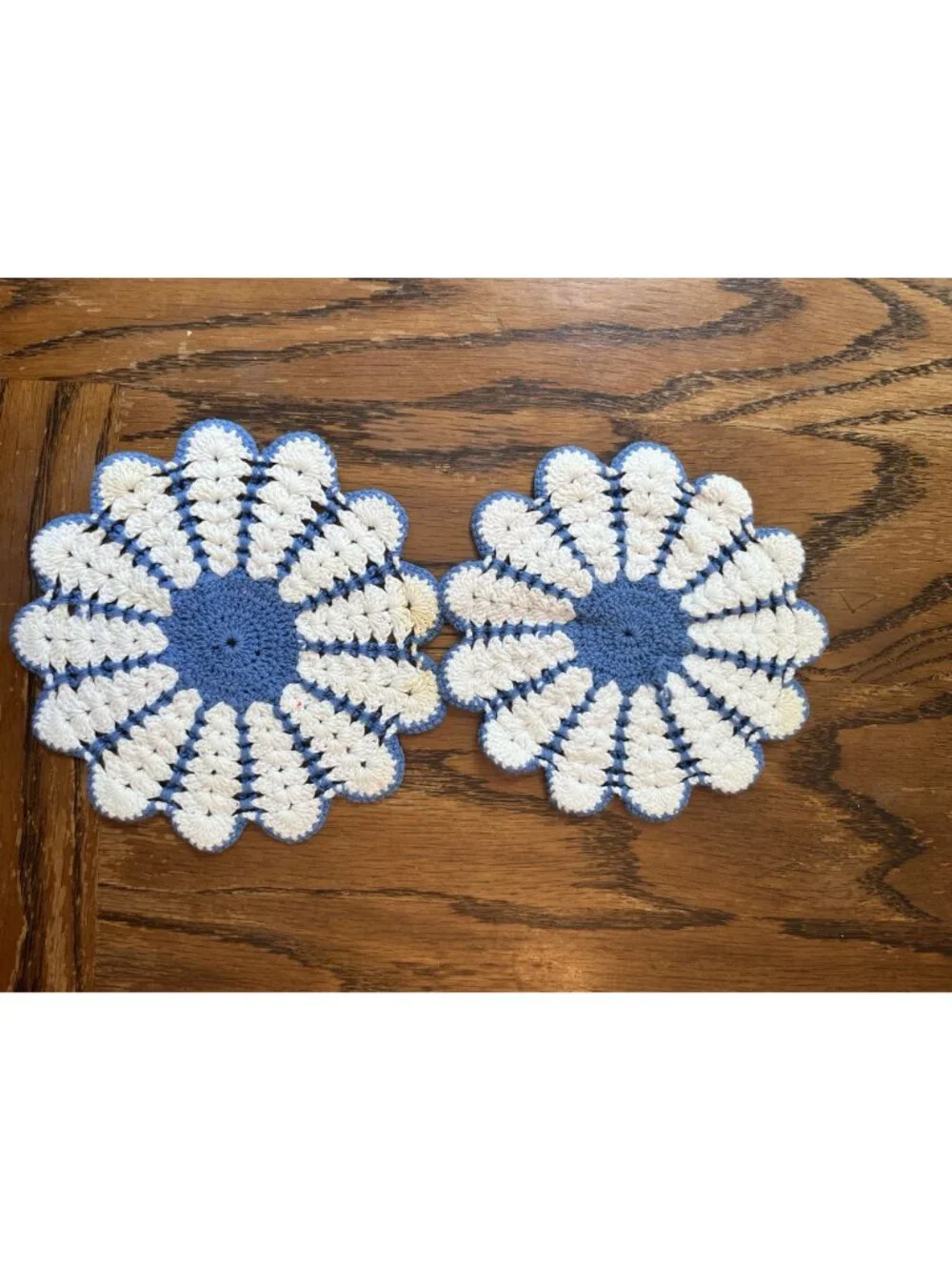 Vintage Handmade Crochet Daisy Pattern Doilies - Blue & Cream - Set Of 2 - 8 Inc
